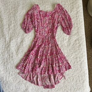 Boutique Backless Floral Pink Dress with Puff Sleeves